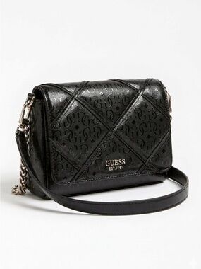 GUESS Winett Petite Flap Crossbody Bag - Black Quilted 4G Logo Handbag